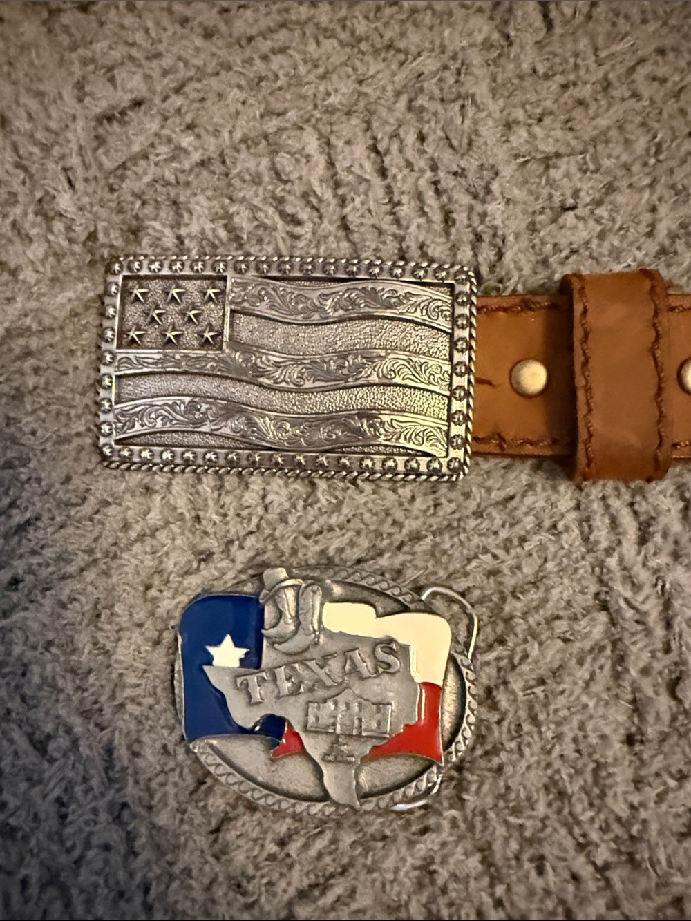 Brown Leather Belt with Silver American Flag Buckle